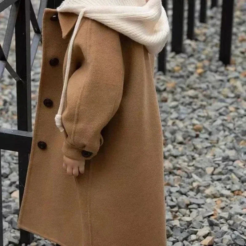 Girls Oversized Casual Pea Coat with Hood 3-12Y