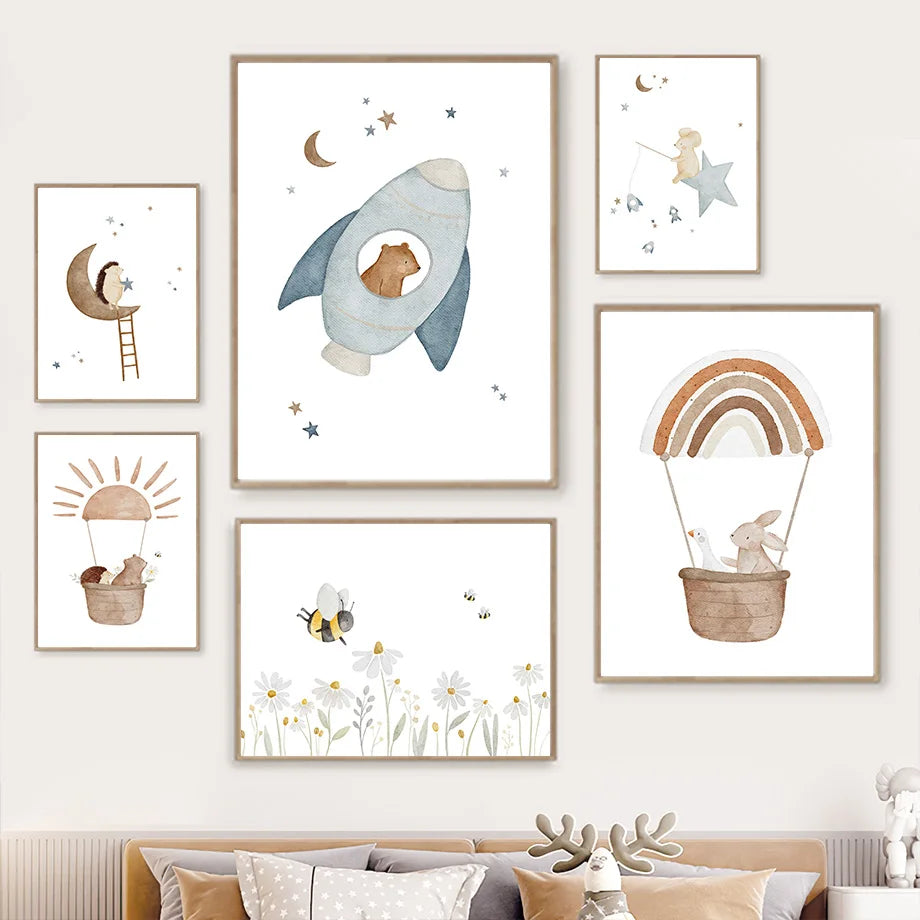 Boho Space Rocket Bear Rabbit Hedgehog Canvas Selection (W/out Frame)