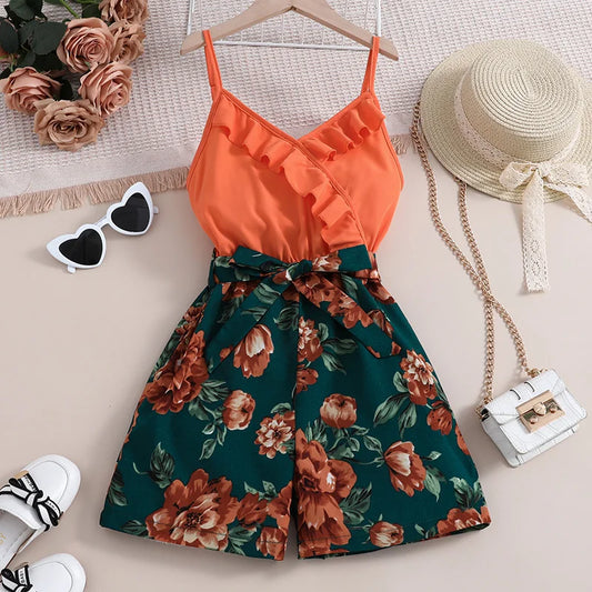 Girls Orange Camisole Retro Floral Dress